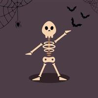 esqueleto, afiche de halloween en un fondo oscuro con arañas y un murciélago. vector