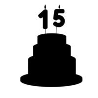 Festive silhouette cake with a fifteen-year-old candle in a flat style. Vector illustration