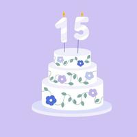 Holiday cake with age fifteen candle in flat style. Vector illustration