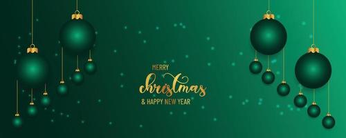 Christmas background design of pine tree and snowflake with beautiful christmas balls banner with text space vector illustration