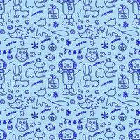 Web Seamless pattern in doodle style of animals and a snowman with gifts in the winter forest vector