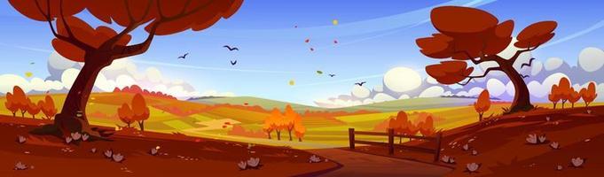 Autumn rural landscape with orange trees, fields vector