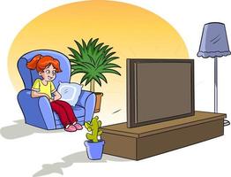 Girl watching tv in living room vector illustration