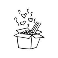 fideos en una caja, palillos y vapor con corazones dibujados a mano en forma de garabato. icono, pegatina. escandinavo, sencillo, minimalismo, monocromo vector