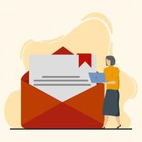 Happy woman gets an important letter. Businesswoman standing at incoming email and holding laptop. Modern vector illustration.