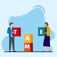 Business concept. men and women who arrange the boxes that say team. Flat design style vector illustration. Teamwork symbol, cooperation, partnership vector