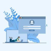 Young woman registering or logging into online account on laptop application. Secure login and password. Online registration and draft registration. User interface. Vector illustration.