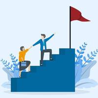 Business mentor helping others to advance career and holding ladder step vector illustration. self development strategy flat style design business concept Guidance, skill improvement and climbing