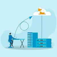 Cloud technology. Man storing data on cloud server. Cloud computing concept, web hosting, web data center, online database. Vector illustration for web banner, infographic, mobile app