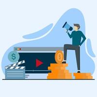 Los hombres ganan dinero en línea con videos. un creador de contenido exitoso que monetiza videos. concepto de monetización de video, ganar dinero en internet, ganar en línea. ilustración de vector plano para diseño de interfaz de usuario web