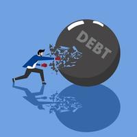 a businessman who destroys debt balls. Struggles to be debt free. Debt and credit, Struggle for your business, Debt settlement business concept vector