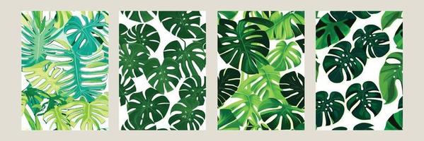 green monstera as a pattern on a white background. exotic pattern with tropical leaves. Vector illustration. set of square posters