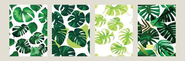 monstera verde como un patrón sobre un fondo blanco. patrón exótico con hojas tropicales. ilustración vectorial conjunto de carteles cuadrados vector