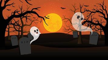 Halloween background with silhouette of cemetery and spooky trees and bats. There are two cartoon ghosts and big moon. Suitable for halloween event. vector