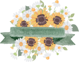 watercolor hand draw cute sunflower bouquet wreath with green ribbon png