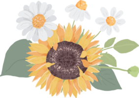 main aquarelle dessiner mignon tournesol jaune et bouquet de fleurs de marguerite blanche png