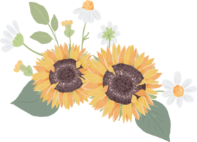 main aquarelle dessiner mignon tournesol jaune et bouquet de fleurs de marguerite blanche png