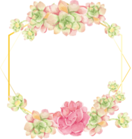cactus de acuarela y arreglo de ramo suculento en marco de corona de oro de geometría png