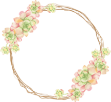 watercolor cactus and succulent bouquet arrangement on dry twig wreath frame png