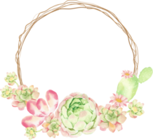 watercolor cactus and succulent bouquet arrangement on dry twig wreath frame png