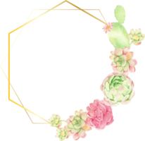 watercolor cactus and succulent bouquet arrangement on geometry gold wreath frame png