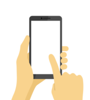 mão segurando smartphone e dedo tocando com tela branca png