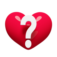 Corazón rojo 3d con el icono del símbolo de interrogación blanco aislado. preguntas frecuentes o preguntas frecuentes sobre cómo es el amor, el concepto mínimo, la ilustración de presentación en 3d png