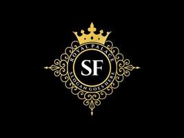 letra sf logotipo victoriano de lujo real antiguo con marco ornamental. vector