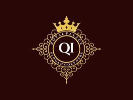 Letter QI Antique royal luxury victorian logo with ornamental frame. vector