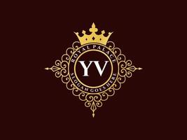 Letter YV Antique royal luxury victorian logo with ornamental frame. vector