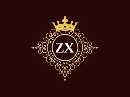 letra zx logotipo victoriano de lujo real antiguo con marco ornamental. vector