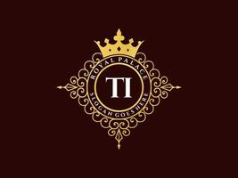 Letter TI Antique royal luxury victorian logo with ornamental frame. vector