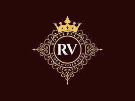 Letter RV Antique royal luxury victorian logo with ornamental frame. vector