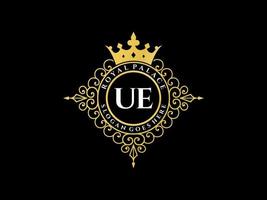 Letter UE Antique royal luxury victorian logo with ornamental frame. vector