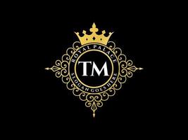 Letter TM Antique royal luxury victorian logo with ornamental frame. vector