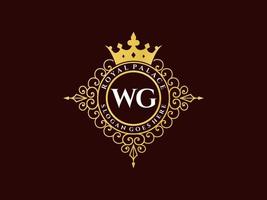 Letter WG Antique royal luxury victorian logo with ornamental frame. vector
