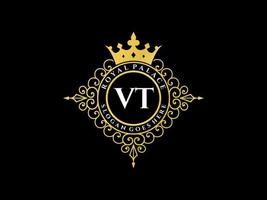 Letter VT Antique royal luxury victorian logo with ornamental frame. vector