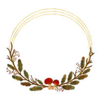 Autumn leaves wreath with mushroom,oak leaves,branches on white background. illustration. Hand drawn. Autumn season. png