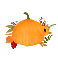 Watercolor pumpkin composition. Pumpkin with leaves isolated on white background. Design for Thanksgiving day,Halloween,greeting cards,poster and etc. png