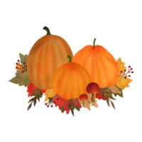 Aquarell-Kürbis-Komposition. Kürbis mit Blättern isoliert auf weißem Hintergrund. Design für Erntedankfest, Halloween, Grußkarten, Poster usw. png