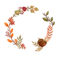 Autumn leaves wreath with mushroom,acorn,orange and yellow leaves on white background. illustration. Hand drawn. Autumn season. png