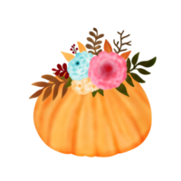 composición de calabaza acuarela. calabaza con hojas aisladas sobre fondo blanco. diseño para el día de acción de gracias, halloween, tarjetas de felicitación, afiches, etc. png