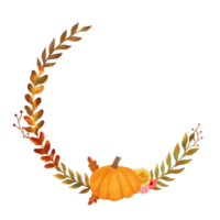 coroa de folhas de outono com folhas de abóbora, laranja e amarelas sobre fundo branco. ilustração. desenhado à mão. estação do outono. png