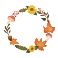 Autumn leaves wreath with sunflower,acorn,mushroom,orange and yellow leaves on white background. illustration. Hand drawn. Autumn season. png