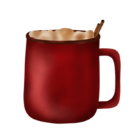 ilustración acuarela dibujada a mano de chocolate caliente con malvavisco y canela en taza roja.elemento de navidad. bebidas png