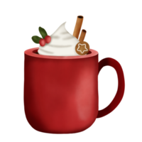 Hand drawn watercolor illustration of hot chocolate with whipped cream,cookie and cinnamon in red mug.Christmas element. Beverages. png