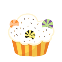 cupcakes de halloween com creme e doces estilo decoration.cartoon. muffin de halloween. illustration.cupcakes em fundo branco. png