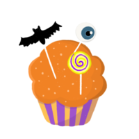 pastelitos de halloween con crema de naranja, murciélago, globo ocular y decoración de dulces. estilo de dibujos animados. panecillo de halloween ilustración.cupcakes sobre fondo blanco. png
