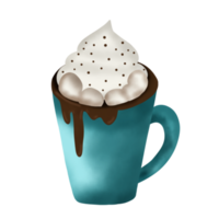 Hand drawn watercolor illustration of hot chocolate with whipped cream and marshmallow in blue mug.Christmas element. Beverages. png
