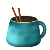 Hand drawn watercolor illustration of hot chocolate with cinnamon in blue mug.Christmas element. Beverages. png